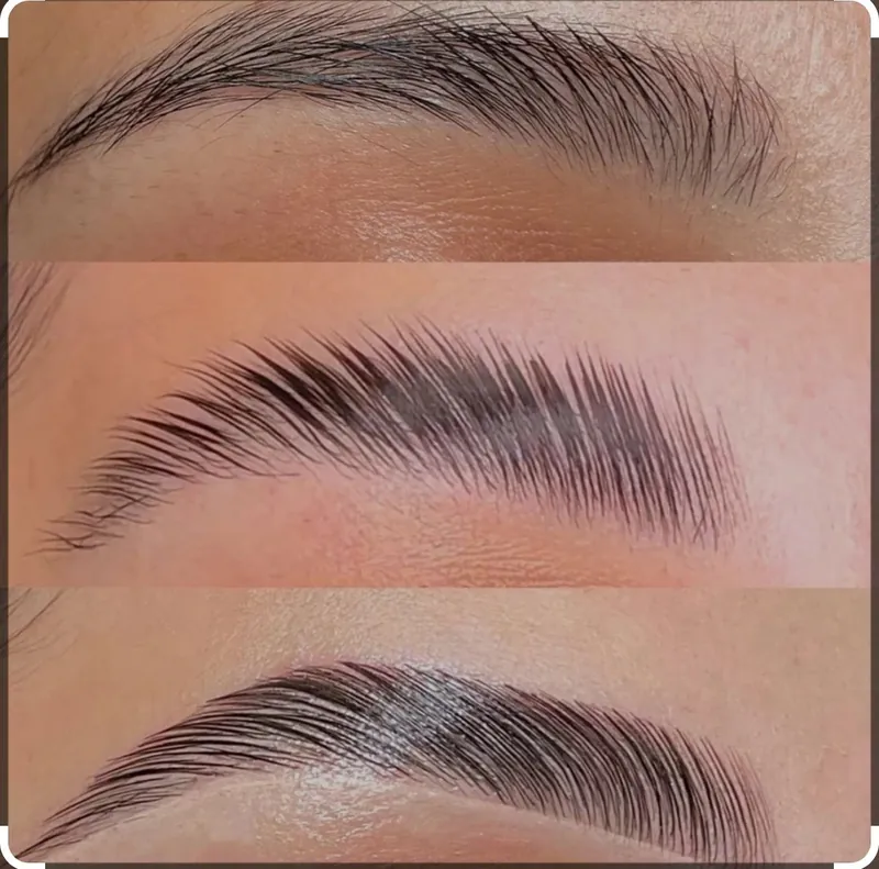 A brow lamination in three stages, from natural to set